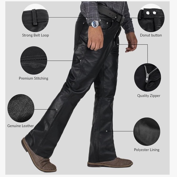 Laverapelle Men's Genuine Lambskin Black Leather Pants, Black Leather Jeans - Picture 3 of 10